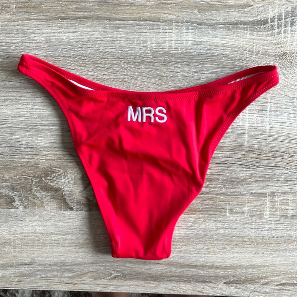 NEVER WORN! SOLID + STRIPED cheeky suit bottoms “MRS” embroidered on back center
